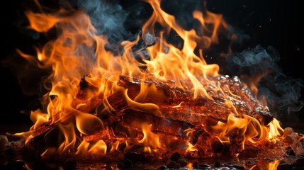 Poster -  a large pile of fire burning fiercely in the dark. The flames are vibrant and intense, illuminating the surrounding area. The image conveys a sense of power and intensity