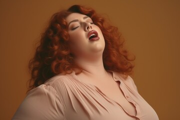 Aufkleber - A woman with red hair wearing a pink shirt. Suitable for various concepts and designs