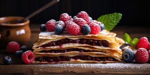 Canvas Print - Delicious stack of pancakes topped with fresh berries and powdered sugar. Perfect for breakfast or brunch menu