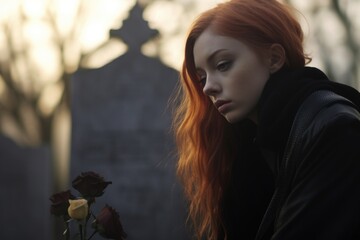 Poster - A woman with long red hair holding a rose. Ideal for romantic concepts