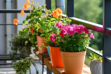 Canvas Print - A visually pleasing arrangement of various potted flowers lined up neatly on a window sill, creating a colorful and refreshing display