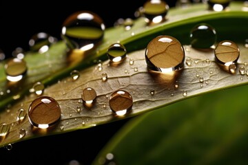Poster - Close-up view of water droplets on a leaf. Suitable for nature or environmental themes