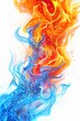 vibrant blue orange fire burning brightly against a stark white background. The flames exhibit intense heat and energy, creating a captivating visual display