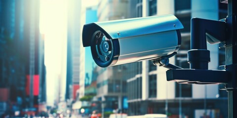 Poster - Close up view of a camera mounted on a pole in a bustling city street. Suitable for security and surveillance concepts