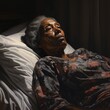 realistic image of an elderly black woman laying ill in bed