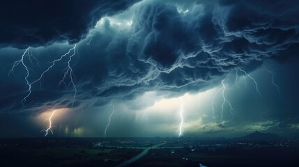 Poster - A dramatic image of a large cloud filled with lightning bolts. Perfect for illustrating storms and weather-related concepts