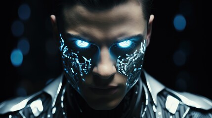 Poster - A man wearing a futuristic suit with glowing eyes. Perfect for technology and sci-fi themes