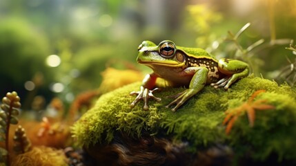 A frog sitting on top of a moss covered rock. Suitable for nature and wildlife themes