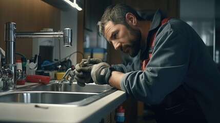 Poster - A man working on a sink in a kitchen, useful for home improvement projects