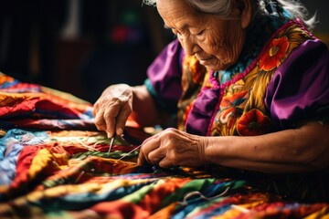 Canvas Print - A skilled older woman sewing a vibrant blanket. Suitable for crafting or senior lifestyle concepts