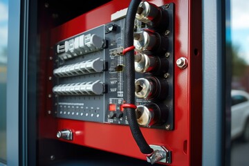 Poster - Detailed view of a fire engine control panel, suitable for firefighting and emergency services concepts