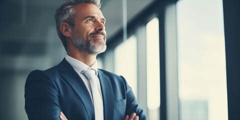 Aufkleber - A man in a suit and tie gazing out a window. Suitable for business concepts