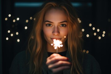 Aufkleber - A woman holding a sparkler in front of her face. Perfect for festive occasions