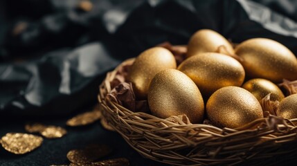 Poster - Basket filled with golden eggs on a table, ideal for finance concepts