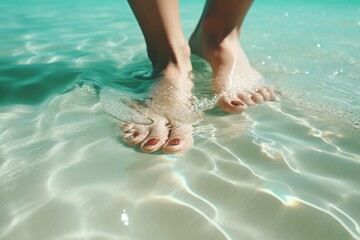 Poster - A person standing with their feet in the water, suitable for various water-related concepts