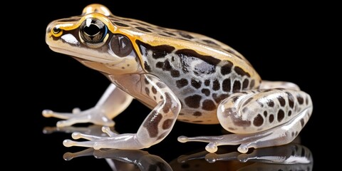 Sticker - Close-up shot of a frog on a black surface. Suitable for educational materials or nature websites