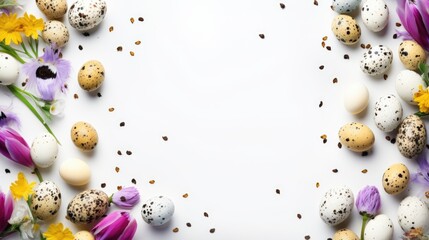 Poster - A white table covered with an abundance of eggs and flowers. Perfect for Easter or spring-themed designs
