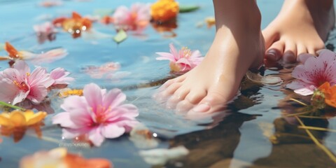 Poster - A person standing in a pool of water with flowers, perfect for nature and relaxation concepts