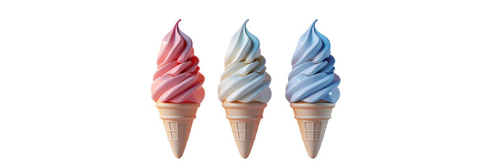 Three swirl soft serve ice creams in pink, white, and blue colors on a transparent background.