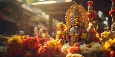 Aufkleber - Statue of a person surrounded by colorful flowers. Ideal for garden or memorial concepts