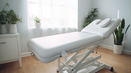 Poster - A massage table in a room with a potted plant, ideal for wellness and relaxation concepts