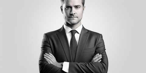 Poster - Professional man in suit standing confidently with arms crossed. Suitable for business concept