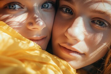 Poster - Close-up of two young women embracing. Suitable for friendship or support concepts