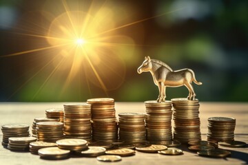 Toy horse standing on a pile of coins, suitable for financial concepts