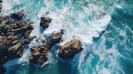Poster - A stunning aerial view of the ocean with rocks. Perfect for travel websites