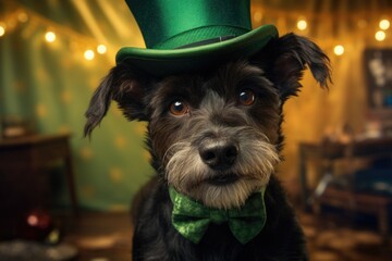 Wall Mural - A cute dog wearing a green hat and bow tie. Perfect for pet fashion concepts