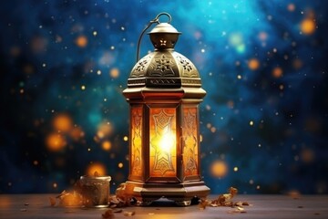 Poster - A lantern sitting on a wooden table, suitable for rustic or cozy home decor concepts
