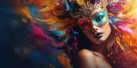 Poster - A woman wearing a colorful mask and feathers, perfect for festive events or Mardi Gras celebrations