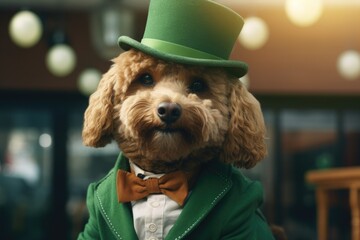 Wall Mural - A dog dressed up in a fancy green top hat and bow tie. Perfect for pet fashion or party concepts