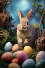 Poster - A rabbit sitting in a nest surrounded by eggs. Suitable for Easter-themed designs