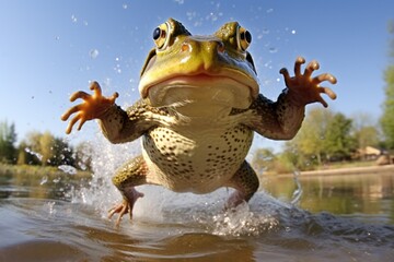 Poster - A frog leaping out of the water, suitable for nature and wildlife themes