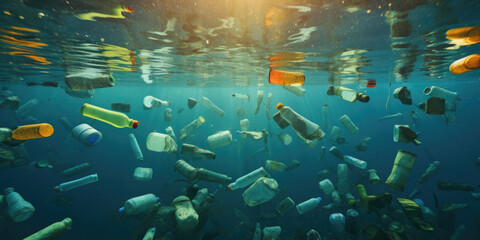 Poster - Plastic bottles floating in the ocean. Suitable for environmental awareness campaigns