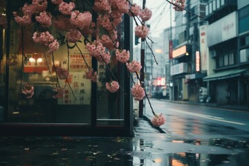 Poster - A tree with pink flowers in front of a building. Suitable for architectural and nature themes