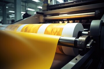 Poster - Yellow paper roll being printed, suitable for printing industry projects