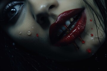 Poster - Close-up of a woman with blood on her lips, suitable for horror themes