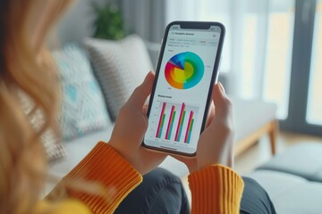Poster - A female holding a cell phone displaying a pie chart, representing data and statistics