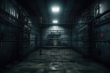 Poster - A dimly lit jail cell with an open door. Suitable for crime and punishment themes
