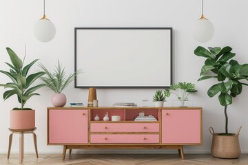 Poster - Modern living room featuring a pink media console, mounted TV, and indoor plants against a white wall.