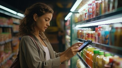 Poster - Woman browsing on her phone while shopping at a grocery store. Useful for illustrating modern technology use in everyday life