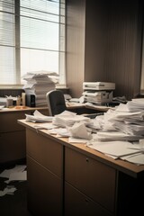 Poster - Cluttered desk with scattered papers, suitable for office or organization concepts