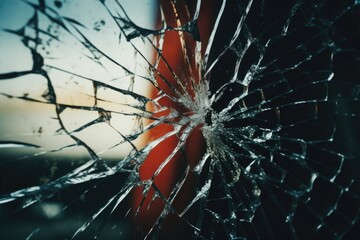 Poster - Detailed shot of a shattered glass window, suitable for illustrating accidents or vandalism