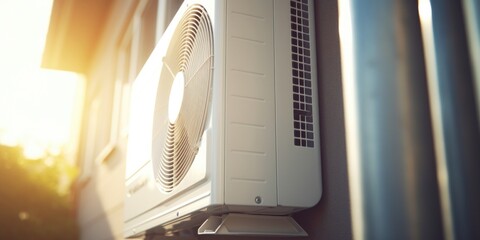 Poster - White air conditioner unit on the side of a building, suitable for illustrating HVAC concepts