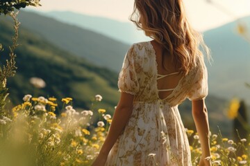 Poster - A woman standing among colorful flowers. Ideal for nature and beauty concepts