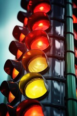Poster - Close up of a traffic light with red and yellow lights. Suitable for transportation and urban concepts