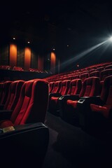 Poster - A deserted theater with red seats and a single spotlight. Suitable for theater or performance concepts