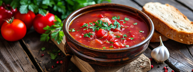 Wall Mural - Traditional Ukrainian borscht. A bowl of beetroot borscht with white cream.